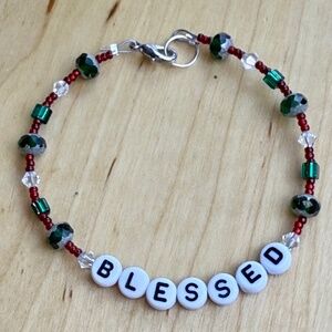 BLESSED Letter Green, White & Red Beaded Bracelet